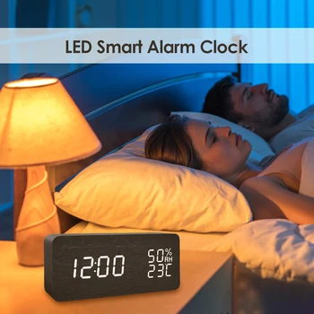 Skaitmeninis Laikrodis-Žadintuvas Balso Kontrolės LED Drėgmės, Temperatūros Ekranas Darbalaukio Medinis Skaitmeninis Laikrodis, Namų Puošybai