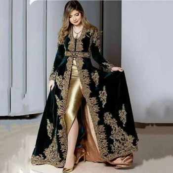 SoDigne Marokas Undinė Aksomo Vakarinę Suknelę 3 Gabalus Overskirt Padalinta Aplikacijos, Nėrinių Prom Oficialią Chalatai Kutas Alžyro Apranga