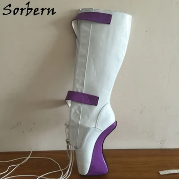 Sorbern Persikų Juoda Patentų Moterų Batai Kelio Aukštas Baleto Kanopų Ponios Heelless Rakinama Nėriniai Boot Fetišas Aukšto Kulno Batai