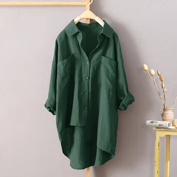 Sprogimas nauji moteriški laisvalaikio stiliaus vientisos spalvos marškinėliai rudenį medvilnės ir lino megztinis dvigubas kišenėje ilgomis rankovėmis palaidinė