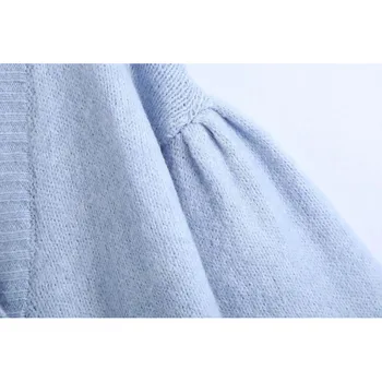 Stilingas Prašmatnus Mėlyna Prarasti Susagstomų Megztinių Moterų Mados Vieno Krūtinėmis V-Kaklo Megztinis Kailis Merginos Atsitiktinis Streetwear