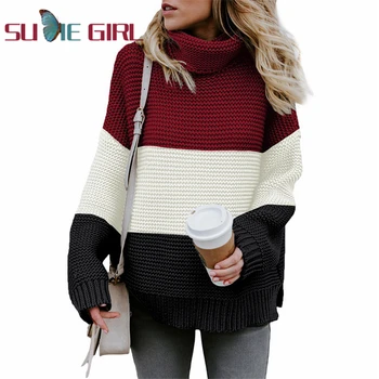 SUDIE Mergina Ilgai skyriuje rudens mados paprasta stiliaus ilgomis rankovėmis marškinėliai susiuvimo aukštas kaklas megztas megztinis megztinis naujas