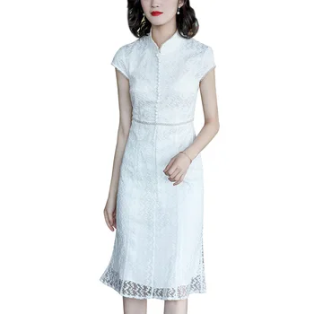 Suknelė moteriška vasaros 2019 naujas temperamentas lady trumpas rankovės mandarinų apykaklės suknelių rankų darbo karoliukais siuvinėtų apvalkalas suknelė
