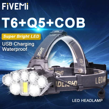 Super Šviesus 8 LED Galvos Lempa 2*T6+5*K5+COB LED Įkraunamas LED Žibintas 18650 Baterija, Galingas, USB Kroviklis priekinis žibintas