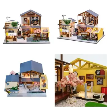 Surinkti PASIDARYK pats Medinis Namas Medinių Žaislų Miniatura Lėlės, Namai Rinkinys Miniatiūriniai žaislai, Su Baldais LED Žibintai Gimtadienio Dovana