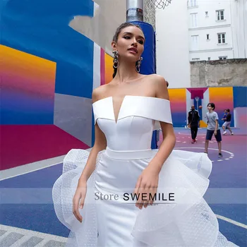 SWEMILE Nuimamas Undinė Vestuvių Suknelės 2020 Satin 2 In 1 Elegantiškas Valtis Kaklo Balta Nuotakos Suknelės Individualų Vestido De Novia
