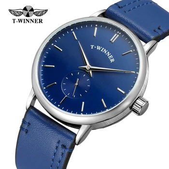 T-NUGALĖTOJAS mados paprasta vyriški žiūrėti blue dial sidabro atveju šviesiai mėlynos spalvos odinis dirželis automatinis mechaninis laikrodis