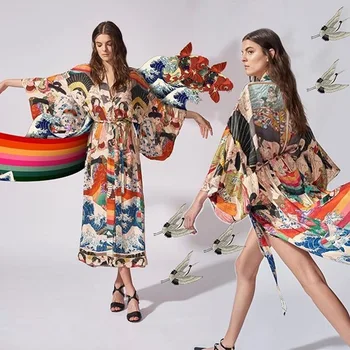 TEELYNN vasaros kimono bikini padengti iki moterų palaidinė marškinėliai boho paplūdimio drabužiai prašmatnus ilgai vestidos prašmatnus Japonijos gėlių spausdinti skraiste 2021