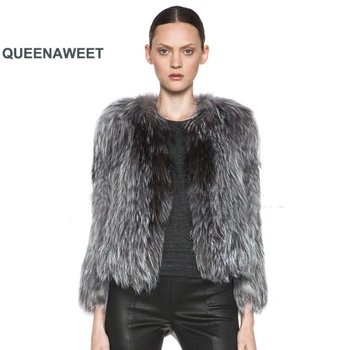 Tikras Natūralus Lapės Kailio Megzti Silver Fox Fur Coat Visą Rankovėmis Striukė, Paltas Moterys Ne Kailis