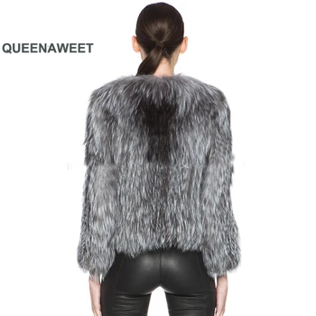 Tikras Natūralus Lapės Kailio Megzti Silver Fox Fur Coat Visą Rankovėmis Striukė, Paltas Moterys Ne Kailis