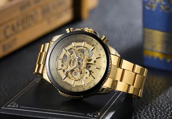 Top Brand Prabanga auksinę Vyrai Žiūrėti Kietas Mechaninis Automatinis Laikrodis Nerūdijančio Plieno Juosta Vyrų Laikrodis Skeleto Romos Perjungiklis