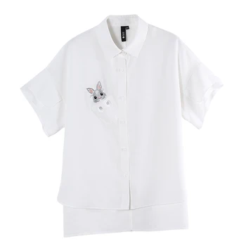 Toyouth Moterų Vasaros Palaidinė Atsitiktinis Polo Kaklo Balti Trumpomis Rankovėmis Laisvi Marškinėliai Moteriška Mada Triušis Spausdinti Siuvinėjimas Viršūnės