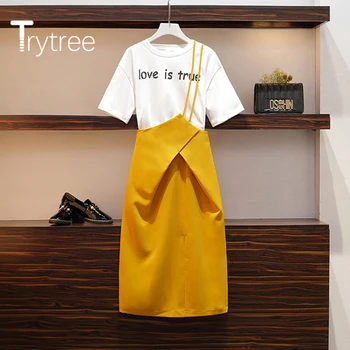 Trytree 2020 metų Vasaros Moterims Dviejų dalių Komplektas Atsitiktinis O-kaklo Prarasti Raidė T-shirt Viršūnes + Diržas Suknelė Kieto 2 Spalvų Rinkinys, 2 dalių Rinkinys