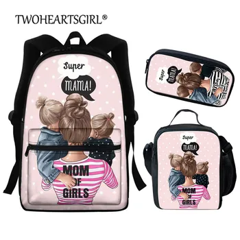 Twoheartsgirl 3Pcs/Nustatyti Spausdinimo Super Mama Schoolbags Mergaitėms, Vaikams Studentų Knygų Krepšiai Mama ir Mielas Kūdikis Rožinė/Žalia Mochila