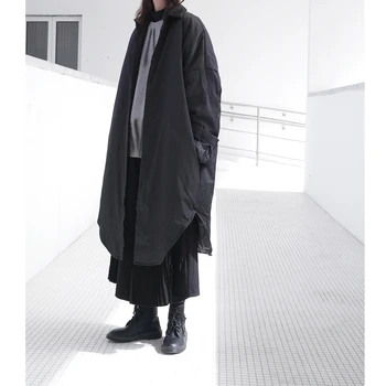 UMI MAO Yohji Yamamoto Tamsiai Nišą Paprasta Marškinėliai-stilius Medvilnės kamšalu Striukė moterims, Su Atvartas Virš Kelio Medvilnės Striukė Outwear