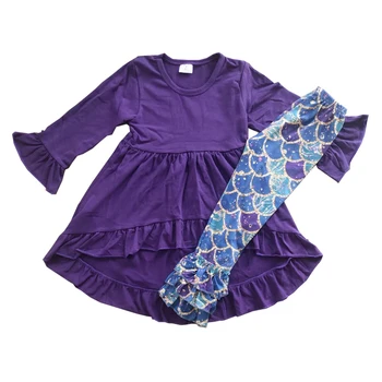 Undinė vaikai mergaitė žiemos komplektai, violetinė high-low tunika žvynų spausdinti legging vaikiški drabužiai