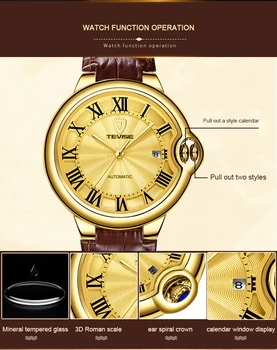 Unikalus dizainas Gold crown Atveju Automatinis Mechaninis laikrodis Vyrams, Vandeniui Odos VYRIŠKI darbo Kalendorius, Laikrodis erkek kol saati