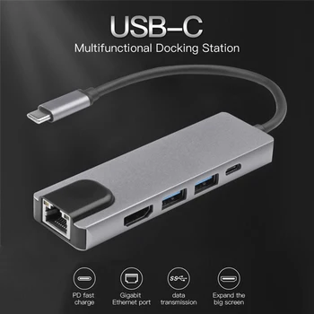 USB Tipo C Docking Station 5 in 1 HUB Konverteris 4K HDMI 2 USB 3.0 Gigabit Ethernet LAN RJ45 Adapteris, skirtas Projektorius, Monitorius, HDTV