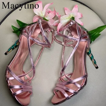 Vasaros gėlių sandalai moterims lelijos puošia aukšti kulniukai kryžiaus strappy siurbliai lapų seksualus vestuvių batai zapatos mujer