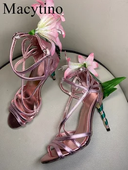 Vasaros gėlių sandalai moterims lelijos puošia aukšti kulniukai kryžiaus strappy siurbliai lapų seksualus vestuvių batai zapatos mujer