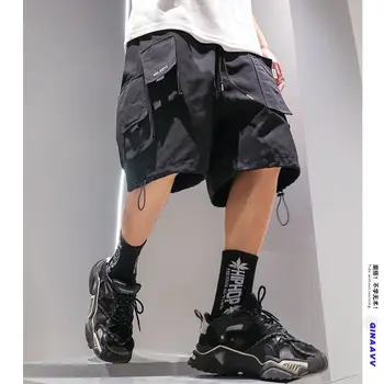 Vasaros Plonas Krovinių Šortai Multi-Pocket Hip-Hop Atsitiktinis Kelnės Mados Drabužių Kpop Korėjos Drabužių Laisvi Šortai Vyrams Streetwear