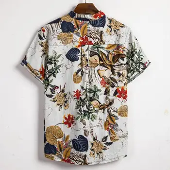 Vasarą Vyras Shirt Mens Etninės Spausdinti Stovėti Apykaklės Medvilnės Skalbiniai Juostele Trumpas Rankovės Prarasti Havajų Henley Marškinėliai havajų marškinėliai