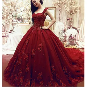 Vestido De Noiva 2021 Prabanga Raudona Vestuvių Suknelės, Brangioji Nėrinių Aplikacijos 3D Gėlės, Vestuvinės Suknelės Koplyčia Traukinys Vestuvių Suknelės