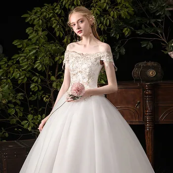 Vestuvinė Suknelė 2021 Elegantiškas Valtis Kaklo Nėrinių Kamuolys Suknelė Nuo Peties Princesė Šampano Nėrinių Vestuvių Suknelės, C31