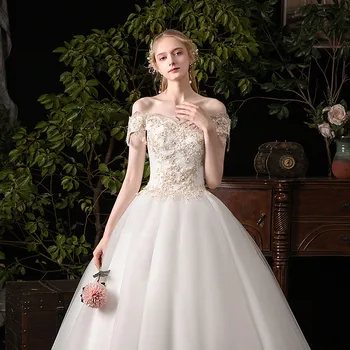Vestuvinė Suknelė 2021 Elegantiškas Valtis Kaklo Nėrinių Kamuolys Suknelė Nuo Peties Princesė Šampano Nėrinių Vestuvių Suknelės, C31