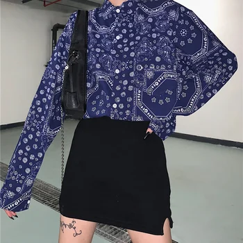 VGH Streetwear Stiliaus Marškinėliai Moterims Atlapas Apykakle ilgomis Rankovėmis Spausdinti Nukentėjo Spalva Nukentėjo Mėlynos Spalvos Palaidinė Moterų 2020 M. Naujų Drabužių Banga