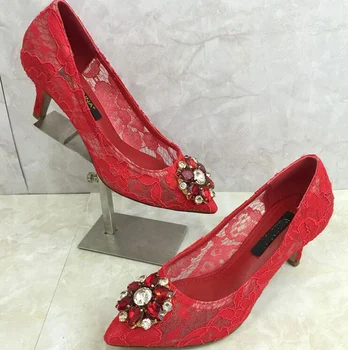 VIISENANTIN 2019 m. pavasario vasaros nėriniai aukšto kulno batų kristalas brangakmenio įvairių spalvų vestuvių siurbliai raudonai nuogi vienišų moterų batų