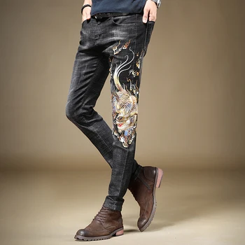 Vyrai Džinsai Kinijos Mitinis Žvėris, Siuvinėjimo Tiesios Kelnės Slim Fit Streetwear Juodos Džinsinio Audinio Kelnės