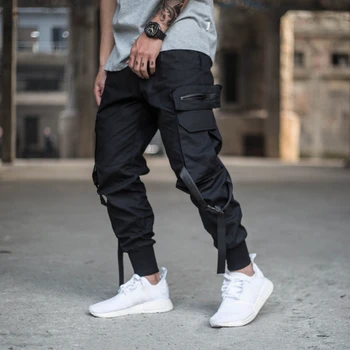 Vyrai juodos spalvos kamufliažas juostelės multi kišenės krovinių kelnės hip-hop, punk haremas pants mens atsitiktinis užtrauktukas streetwear hiphop poilsiu