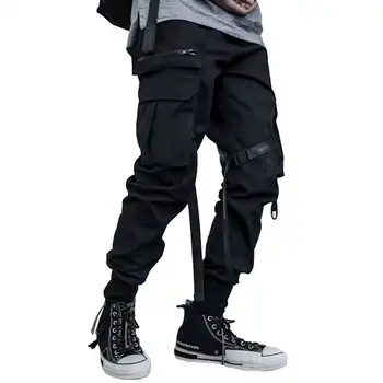 Vyrai juodos spalvos kamufliažas juostelės multi kišenės krovinių kelnės hip-hop, punk haremas pants mens atsitiktinis užtrauktukas streetwear hiphop poilsiu