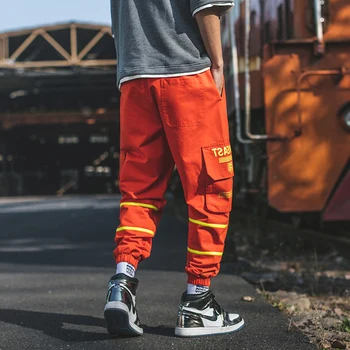 Vyrų Haremas Ziajać Multi Pocket Oranžinės Kelnės Mados Kojų Laisvalaikio Kelnių Hip-Hop Krovinių Kelnės Streetwear Poilsiu Vyrų