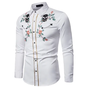 Vyrų Marškinėliai Slim Fit Long Sleeve 2019 Naujas Priežastinis Rose Kaukolė Siuvinėjimo Camisa Socialinės Marškinėliai Vyrams Suknelė Vakarų Stiliaus Streetwear