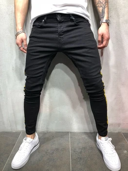 Vyrų naujas Hip-Hop Auksas, sidabras danga spausdinti Poilsiu Džinsinio audinio Kelnės mados Black Vyrų Streetwear Juostele Ruožas Liesas Pieštuku džinsai