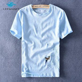 Vyrų Vasaros Mados Prekės ženklą Kinijos Stiliaus Paukščių Siuvinėjimas Medvilnės Skalbiniai O-kaklo trumpomis Rankovėmis T-shirt Vyrai Atsitiktinis Tee Tshirts Medžiaga