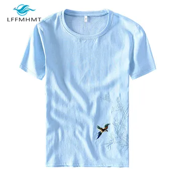 Vyrų Vasaros Mados Prekės ženklą Kinijos Stiliaus Paukščių Siuvinėjimas Medvilnės Skalbiniai O-kaklo trumpomis Rankovėmis T-shirt Vyrai Atsitiktinis Tee Tshirts Medžiaga
