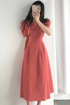 YAMDI šalies korėjos moteris 2020 naujos suknelės trumpomis rankovėmis-line derliaus midi suknelė moterims, elegantiškas vasarą aukštos juosmens, plonas kietas apdaras