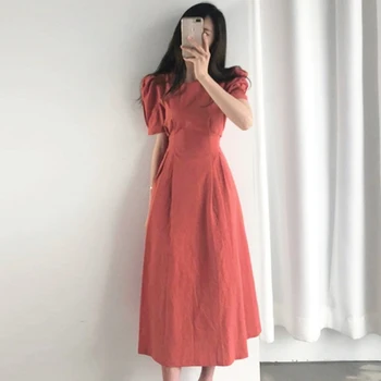 YAMDI šalies korėjos moteris 2020 naujos suknelės trumpomis rankovėmis-line derliaus midi suknelė moterims, elegantiškas vasarą aukštos juosmens, plonas kietas apdaras
