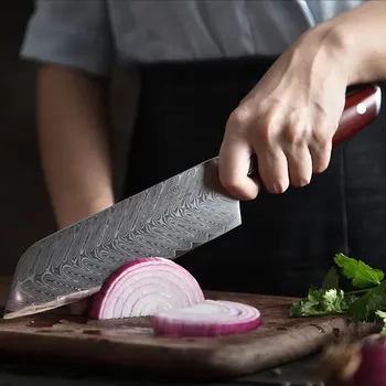 YARENH Pro Chef Peilis 7 Colių - Sharp Santoku Peilis - Japonų Damasko Plieno - Naudingumo Virimo Virtuvės Peiliai - Raudonmedžio Rankena
