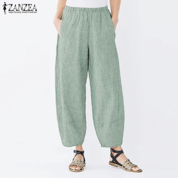 ZANZEA 2021 Moterų Streetwear Vasaros Dryžuotos Kelnės Atsitiktinis Palaidų Kišenės Pantalon Haremo Kelnių Elastinga Juosmens Sweatpants Plius Dydis