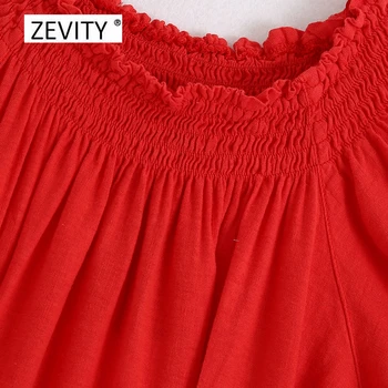 Zevity Moterų mados off peties elastinga klostes raudona midi suknelė Ponios atostogų stiliaus trumpomis rankovėmis vestidos Elegantiškos Suknelės DS4033