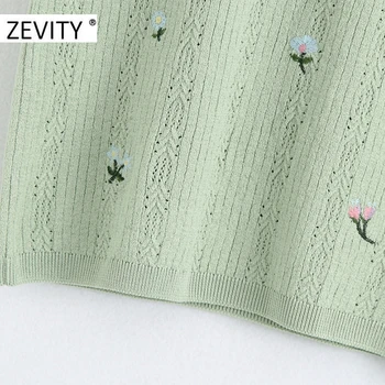ZEVITY Naujas moterų mados stovėti apykaklės gėlių siuvinėjimas megzta palaidinukė ponios berankovė liemenė marškinėliai slim prašmatnus blusas viršūnes LS7093