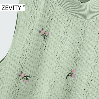ZEVITY Naujas moterų mados stovėti apykaklės gėlių siuvinėjimas megzta palaidinukė ponios berankovė liemenė marškinėliai slim prašmatnus blusas viršūnes LS7093