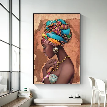 Šiuolaikinės Afrikos Moteris Dėvi Perlų Karoliai Plakatai ir Spausdina Drobė Menas Sienos Portreto Tapyba už Kambarį, Cuadros Namų Dekoro