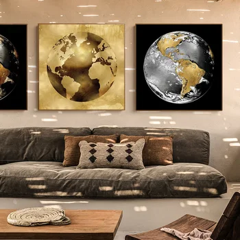 Šiuolaikinės Aukso Pilka Žemė Pasaulio Žemėlapį, Drobė, Aliejus, Tapyba Žemės Plakato Spausdinimas Šiaurės šalių Sienos Meno Paveikslėlio Žemėlapio Vaizdą Namų Dekoro