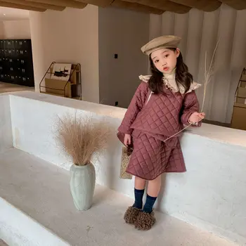 Žiemos Naujas Atvykimo korėjos stiliaus drabužių rinkiniai medvilnės purus kailis ir mini sijonas su nuimama apykakle mados cute baby girl