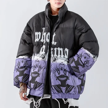 žiemos parkas kailis Hip-Hop Kišenės Storio Striukės Vyrų Mados Atsitiktinis Japonų Stiliaus Anime Mergina spausdinti streetwear Negabaritinių striukė